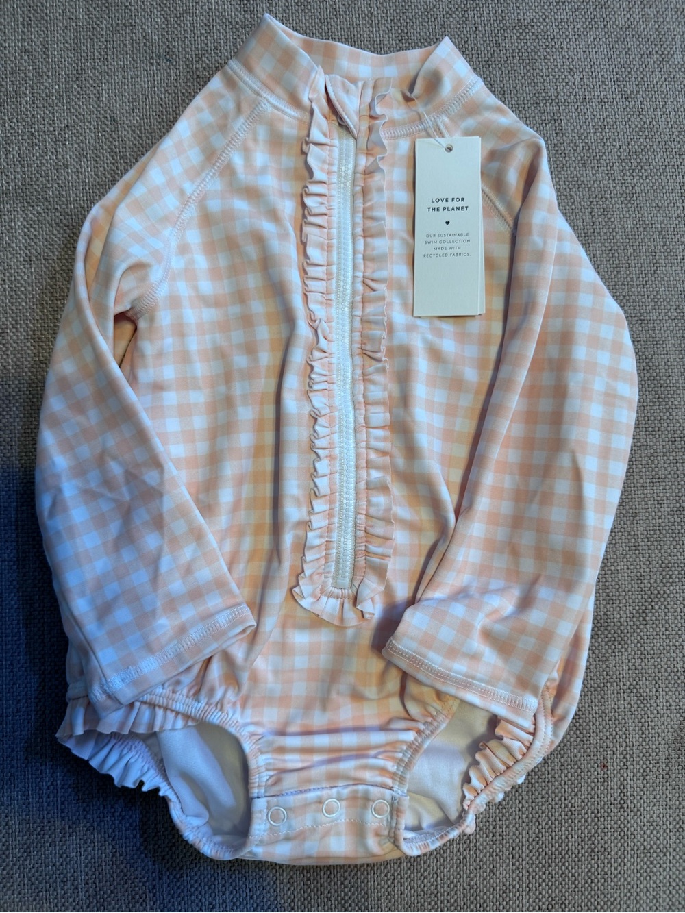 Janie and Jack Peach Gingham Ruffle-Front Long-Sleeve One-Piece Bathing Suit